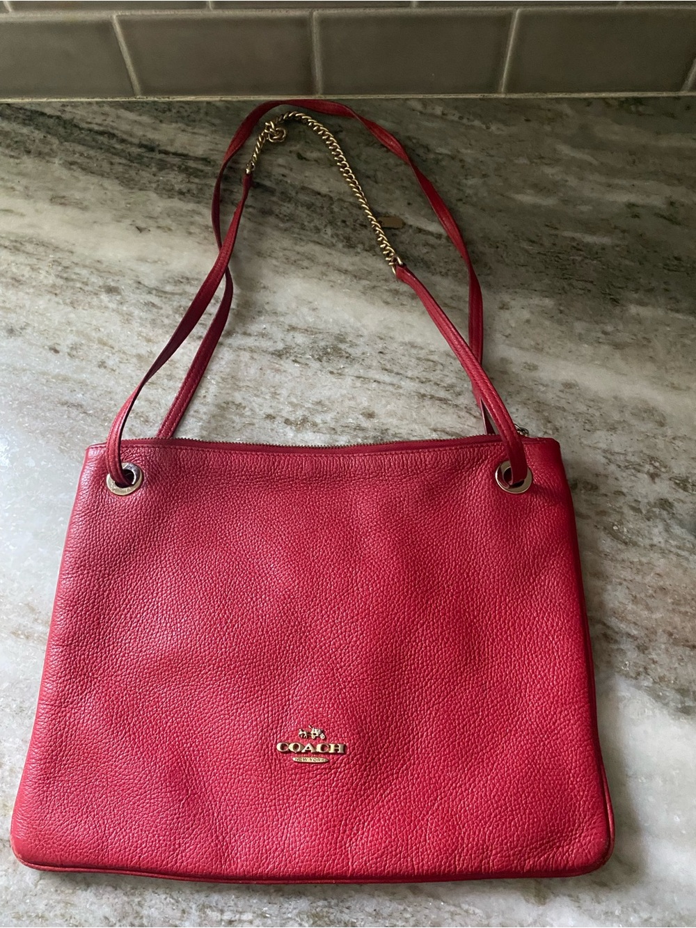 Coach Red Pebbled Leather Shoulder Bag with Chain Accents